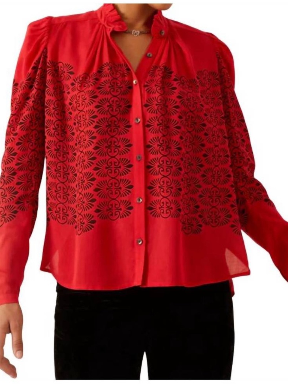 ALIX OF BOHEMIA Artemis Trellis Shirt Red Cherry Button Ruffle Designer Top Med - Picture 2 of 15